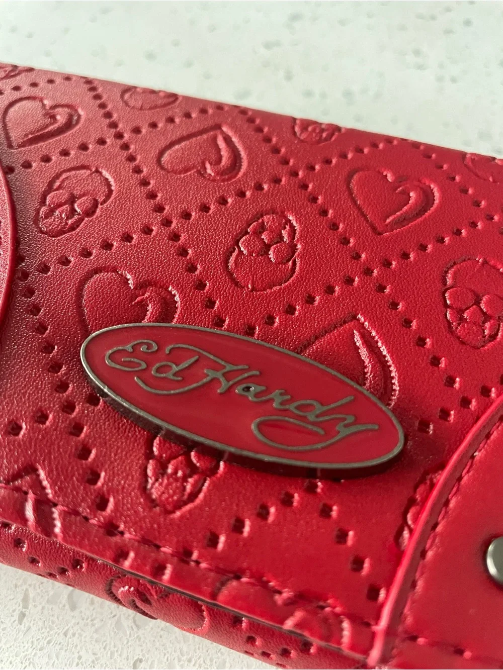 NWT - Ed Hardy Red Embossed Heart & Skull Studded Wallet faux vegan leather.